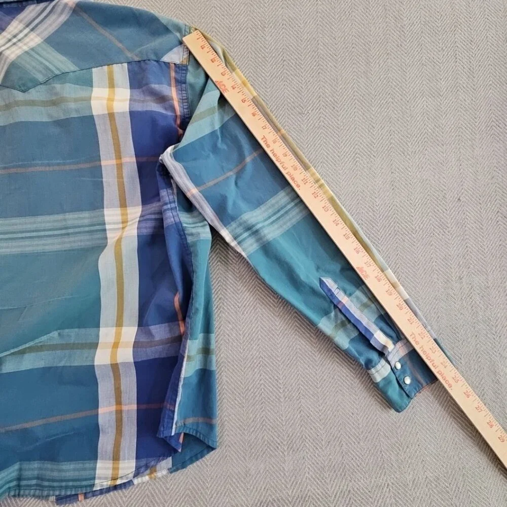 Levi's Western Pearl Snap Shirt Men's Large Green Blue Long‎ Sleeve EUC Cowboy